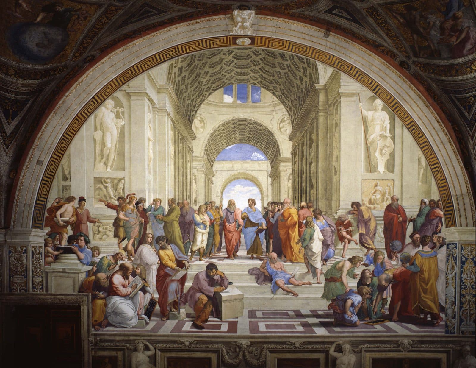 ラファエロの壁画「アテナイの学堂」。古代の哲学者や数学者たちが一つの広間に集まり、それぞれに議論や作図をしている。